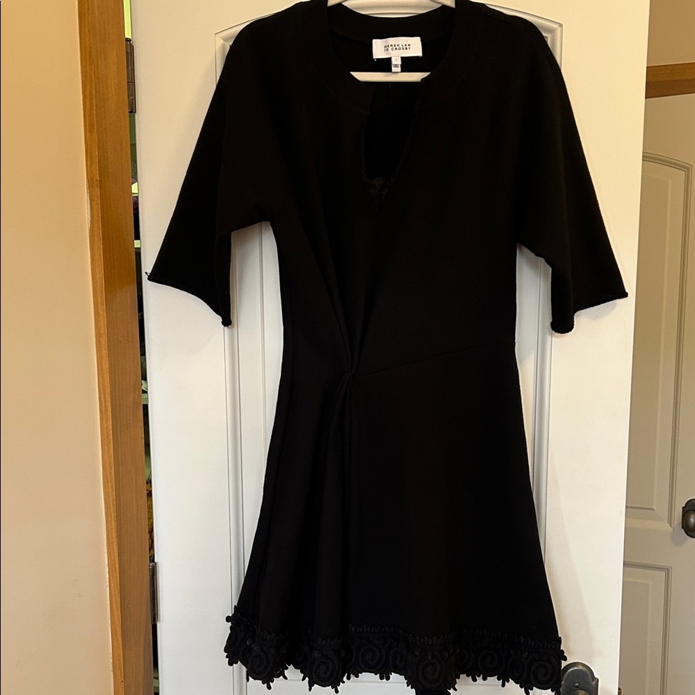 Derek Lam 10 Crosby Black Midi Sweatshirt Dress With Snatched Waist & Lace Hem